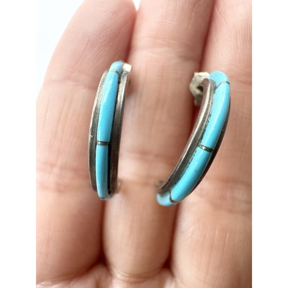Zuni Hoop Earrings Inlaid Turquoise Sterling Silver Hoops